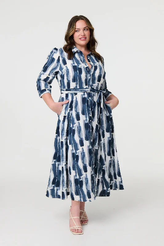 Soft Knitwear Printed Tailored Midi Shirt Dress