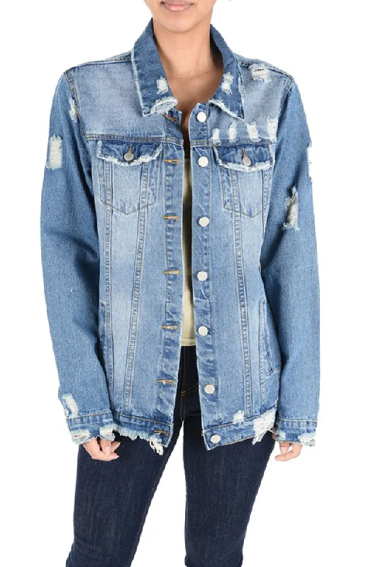 Soft Textures Women's Slashed Back Destroyed Denim Jacket