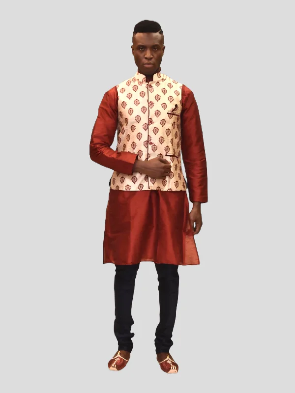 Stylish Casuals Silk Eggnog White With Maroon Red Leaves Printed Modi Vest