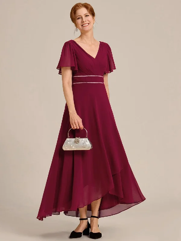 Easy-to-Wear Yolanda | Double V-Neck Waist Trimmed Chiffon Mother of the Bride Dress