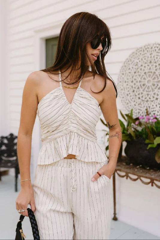 Cozy Fitting Eliana Oatmeal & Black Stripe Peplum Tank