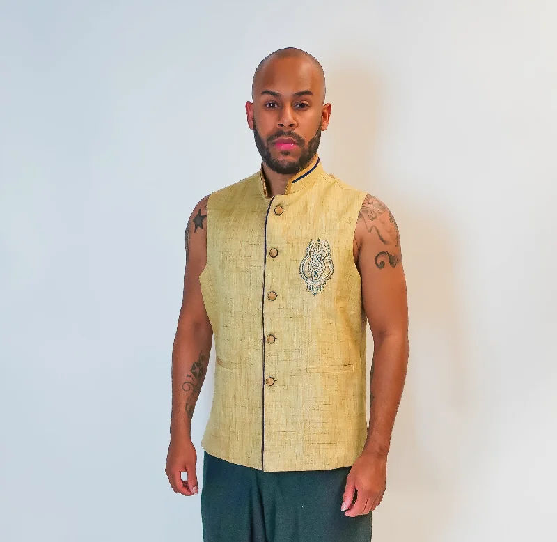 Soft Comfort Silk Gold Modi Vest with Blue Trim Work