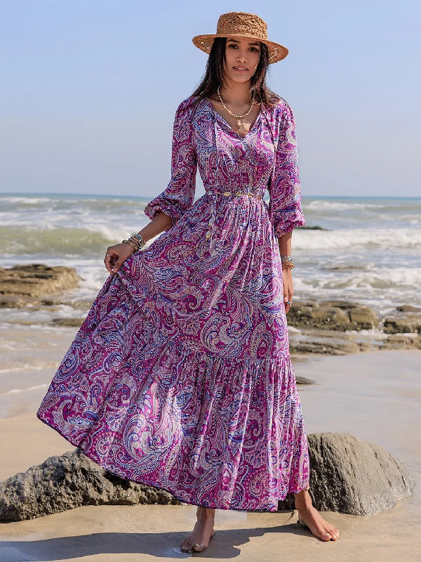 Cozy Fashion Abstract Purple Printed Balloon Maxi Dress with & Long  Sleeves