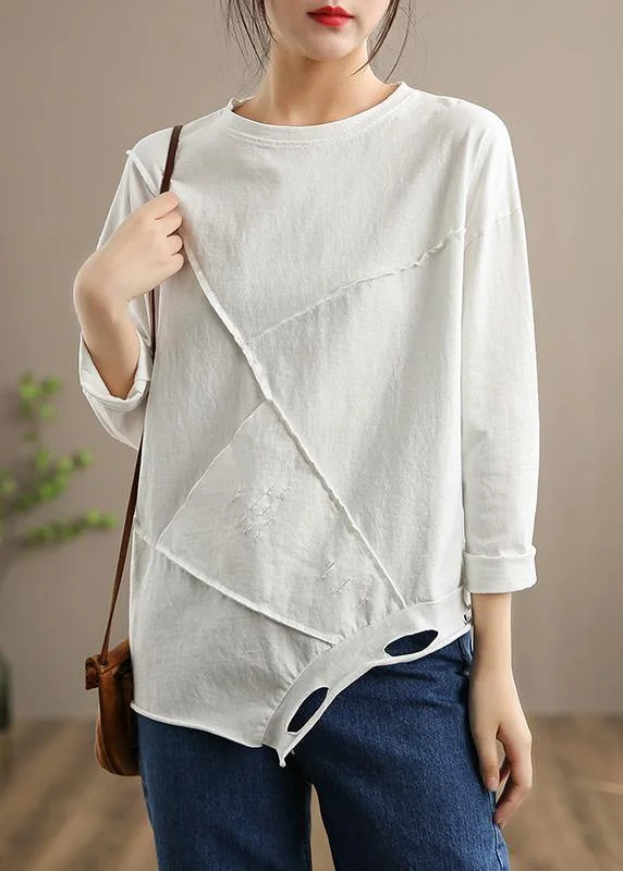 Soft Relaxation Wear Italian O Neck Hole Spring Tops Women Blouses Cotton White Tops