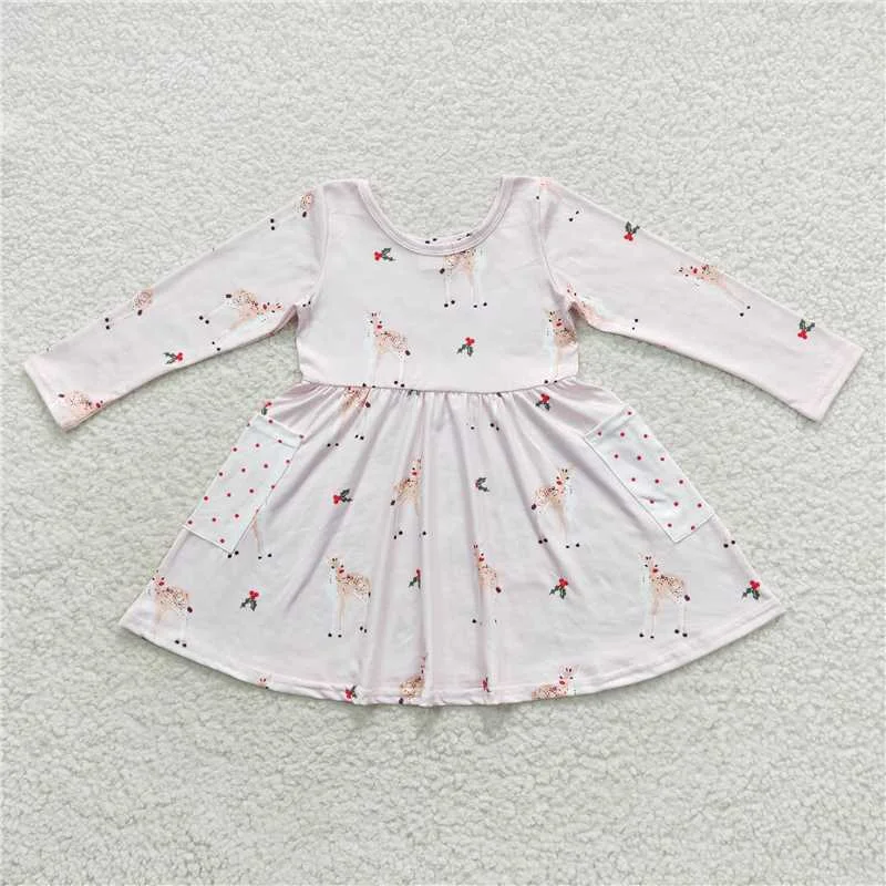 Effortless Looks GLD0368  Baby Girls Pink Christmas Deer Long Sleeve Dresses