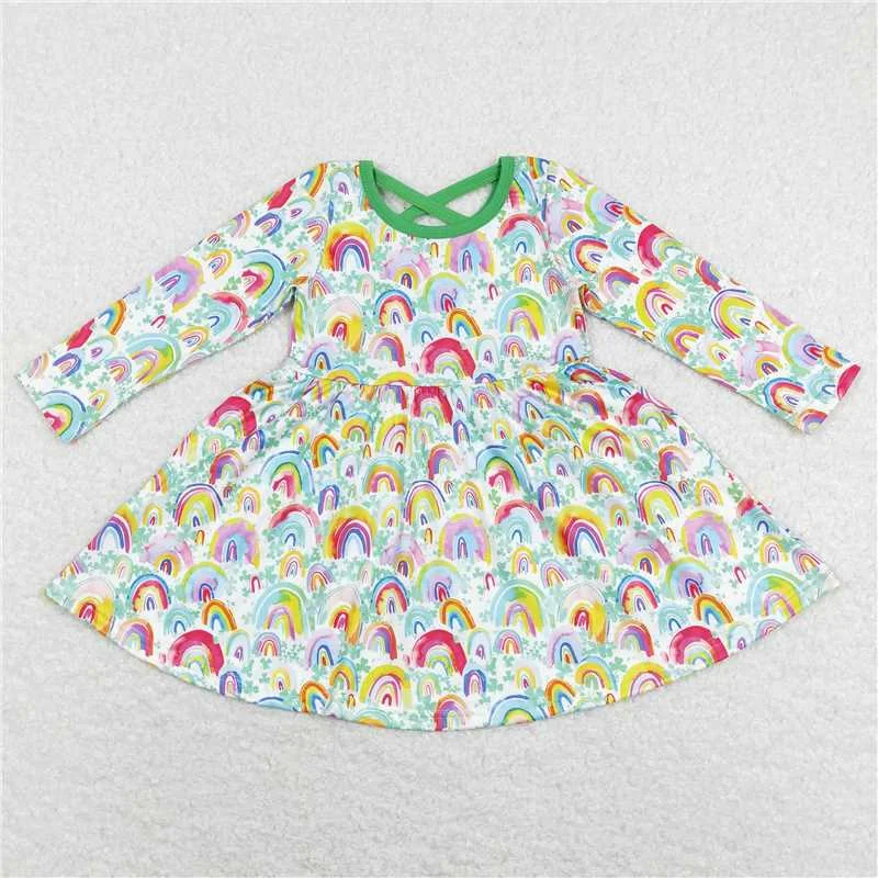Cozy Footwear GLD0495  Baby Girls Green Rainbow Quatrefoil St Patrick Day Knee Length Dresses