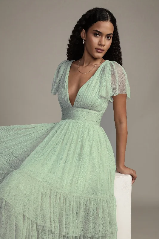 Trendy Layers Madison Sage Green Tulle Bridesmaid Midi Dress