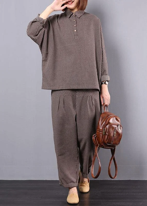 Soft Comfort khaki plaid vintage cotton linen two pieces long sleeve shirt with women casual pants