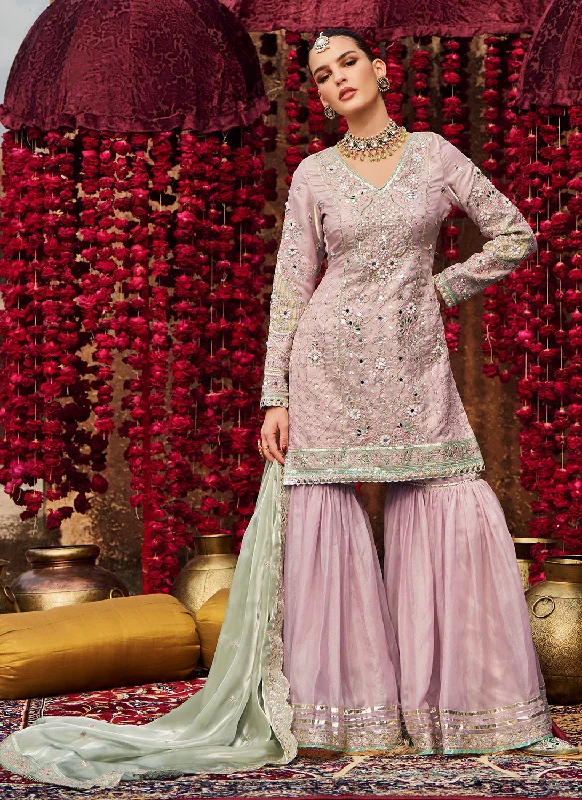 Relaxed Looks Soft Purple Embroidered Silk Gharara Suit