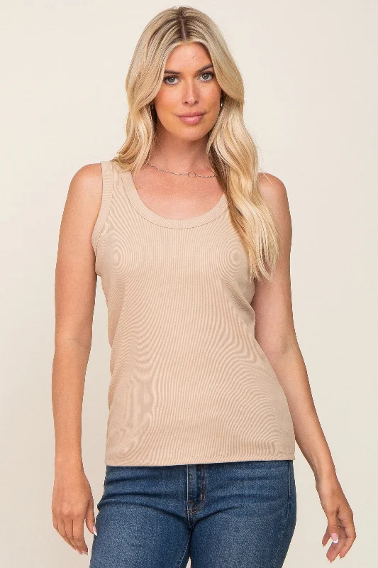 Comfortable Lounge Wear Beige Ribbed Basic Tank