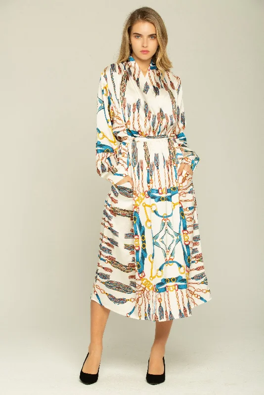 Relaxed Fit Wear White Chain Pattern Long Sleeves Midi Dress
