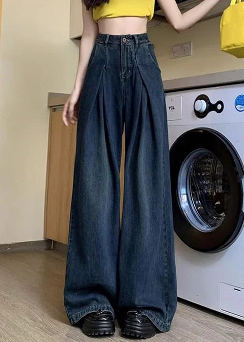 All-Day Outfits Women Denim Blue Button Pockets Denim Wide Leg Pants Summer