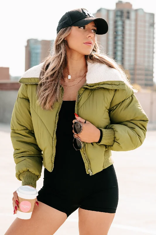 Simple Looks Up To Snow Good Quilted Puff Jacket (Olive)