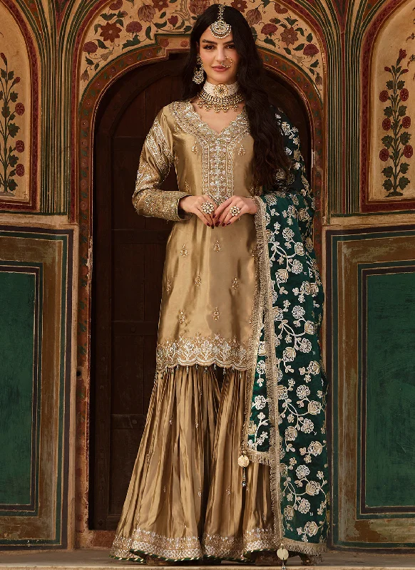Comfy Layers Gold and Green Embroidered Satin Gharara