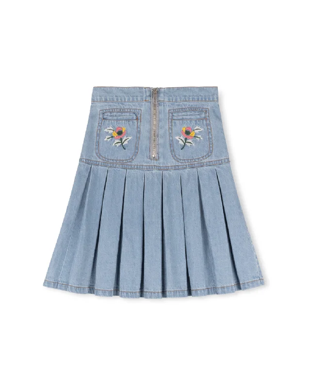 Effortless Outfits CABANA LIGHT BLUE DENIM FLOWER EMBROIDERED SKIRT