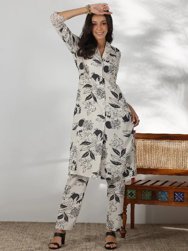 Simple Chic Off White Printed Silk Blend Co-Ords