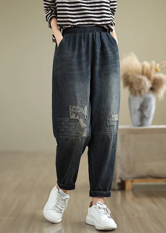 Comfy Dress Casual Navy Pockets Applique Elastic Waist Denim Pants Fall