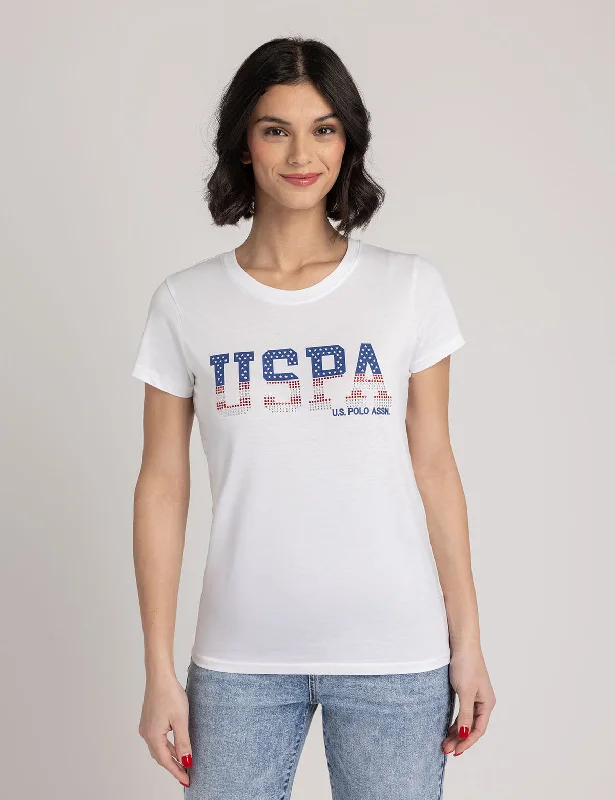 Soft Relaxation Wear RHINESTONE AMERICANA SCOOP NECK T-SHIRT