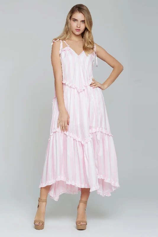 Weekend Comfort Baby Pink and White Stripe Tiered Midi Dress