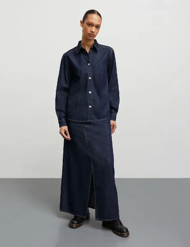 Relaxed Weekend Wear Cosy Denim Crane Shirt, Dark Indigo