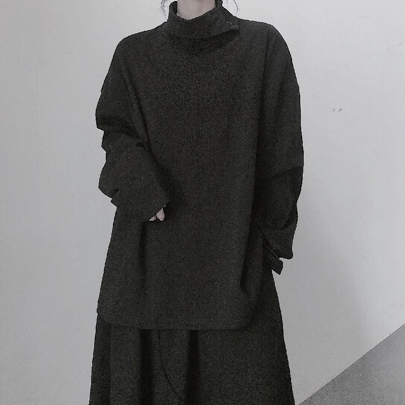 Cozy Essentials Wear Italian High Neck Asymmetric Tops Women Blouses Fabrics Black Blouses