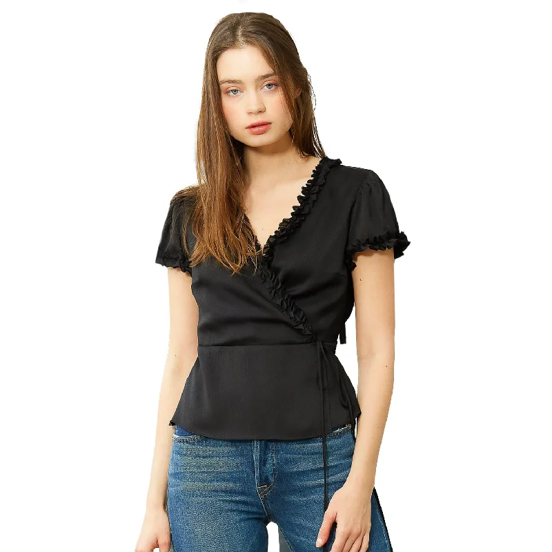 Casual Comfort Women's Ruffle Trim Wrap Blouse In Black