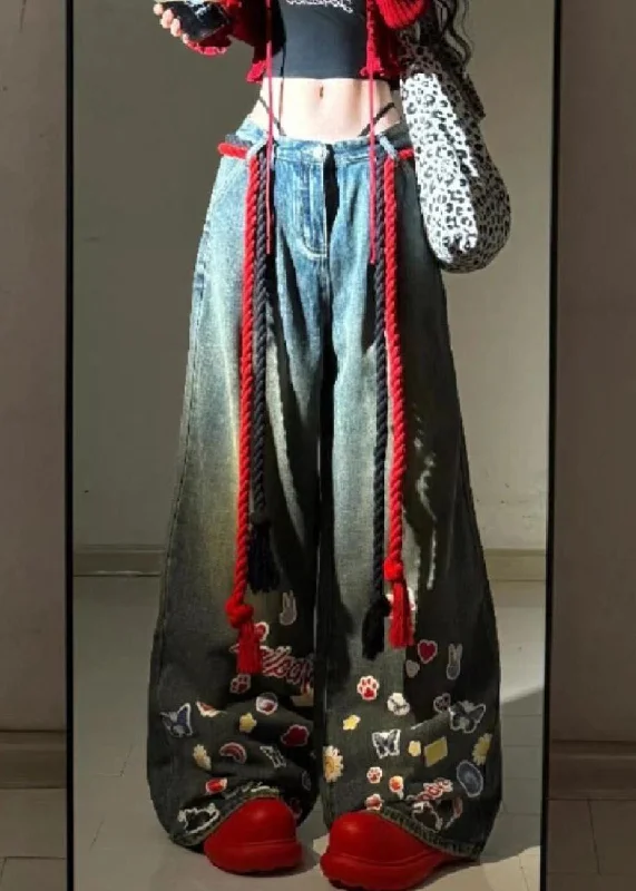 Comfortable Chic American Graffiti Blue Denim Wide Leg Pants Autumn
