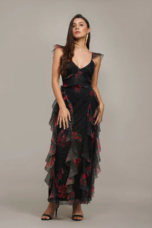 Soft Trends Malin Maxi Dress in Black and Red Floral