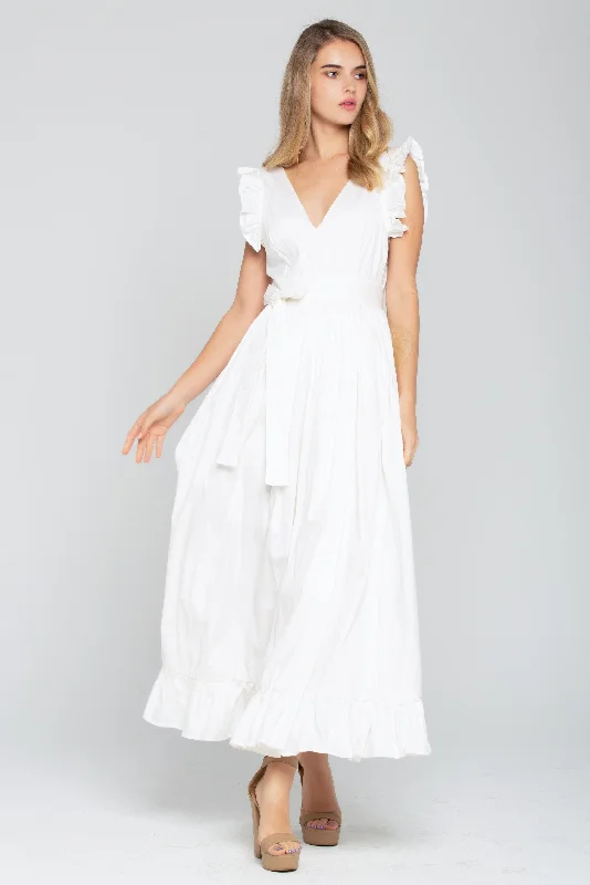 Cozy Knits Solid White Ruffled Slit Maxi Dress