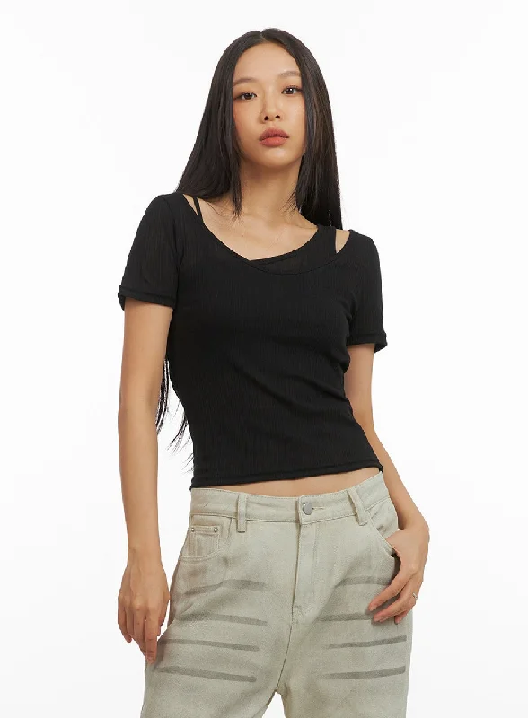 Relaxed Weekend Wear Scoop Neck Layered Crop Tee IY422
