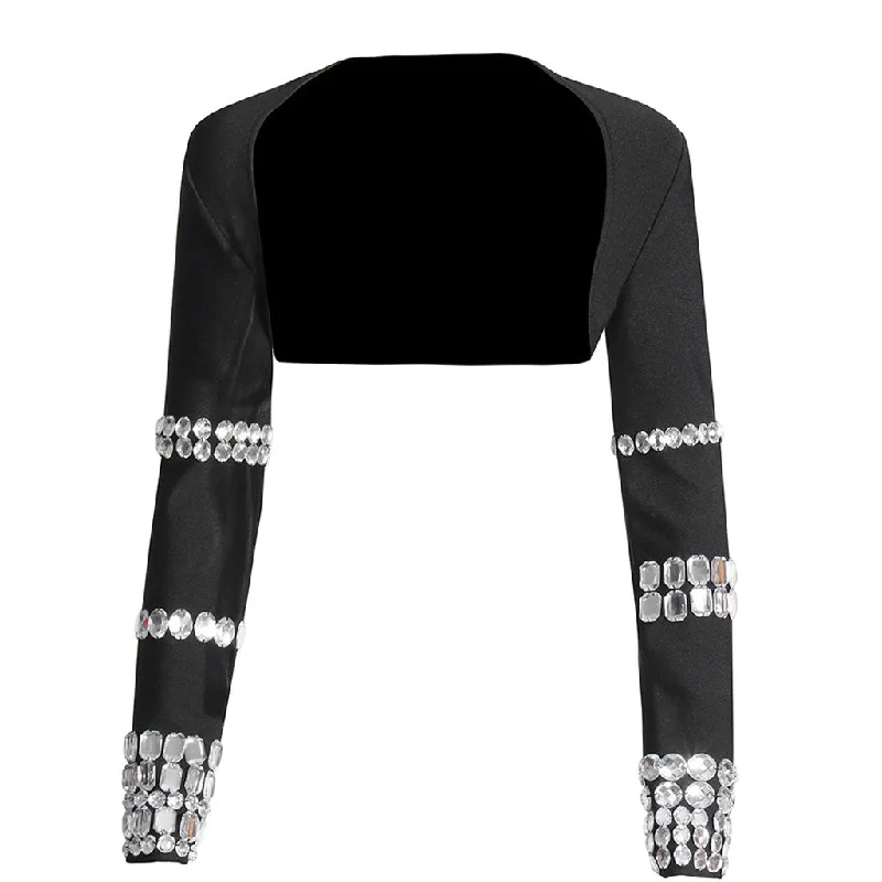 Soft Feel Sparkly Rhinestone Embellished Long Sleeve Collarless Open Front Bolero Jacket