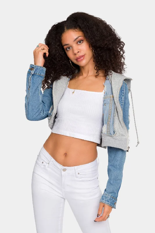 Comfortable Tops Distressed Layered Hoodie Denim Jacket