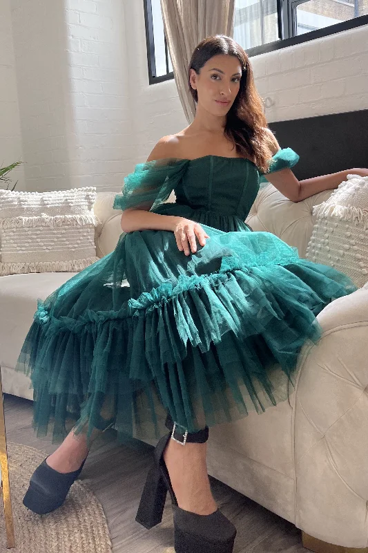 Comfortable Fitwear Jayne Emerald Green Tulle Midi Dress