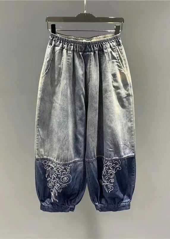 Simple Comfort Organic Gradient Color Embroidered Elastic Waist Denim Lantern Pants Summer