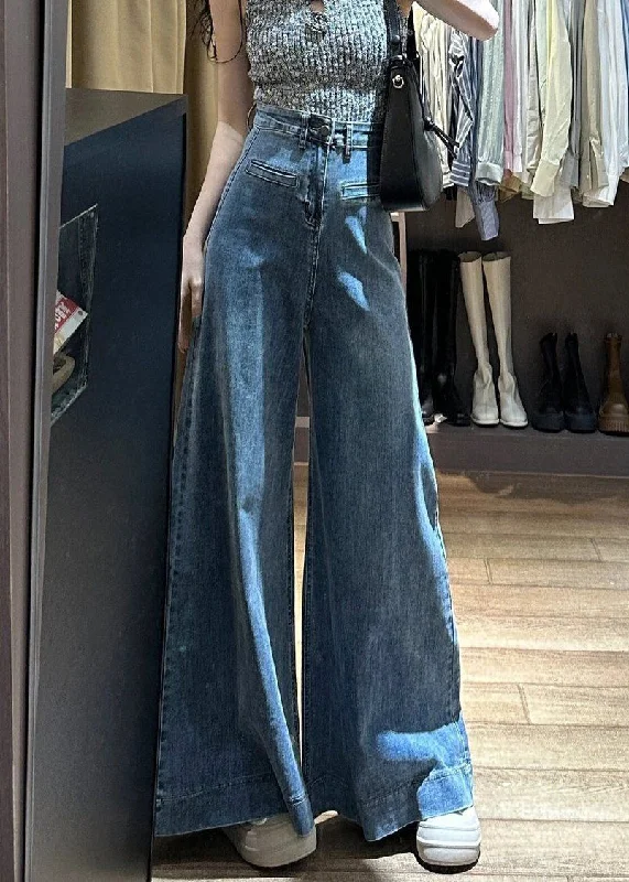 Classic Comfort New Blue Button High Waist Denim Wide Leg Pants Summer