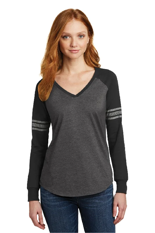 Warm Chic Outfits District Womens Game Long Sleeve V-Neck T-Shirt - Heather Charcoal Grey/Black/Silver Grey - Closeout