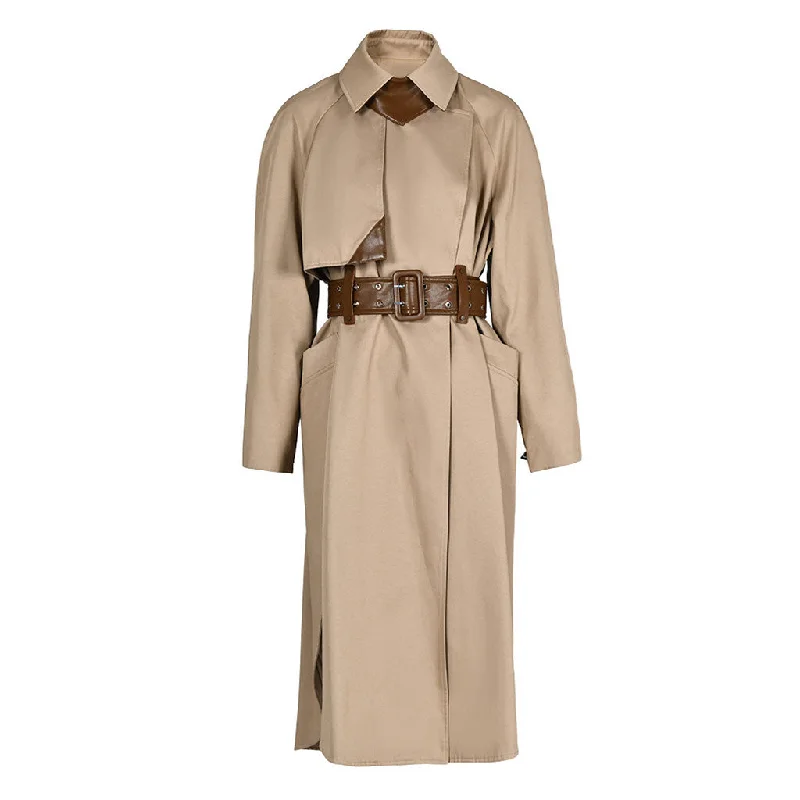 Stylish Casuals Tasteful Scarf Collared Long Sleeve Belted Cargo Pocket Leather Hybrid Trench Coat