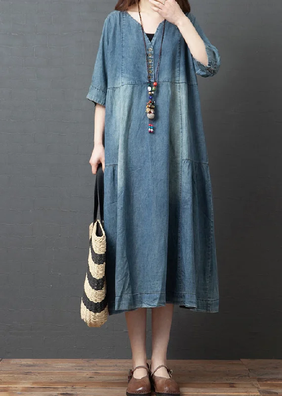Comfy Dress Blue Solid Patchwork Cotton Denim Dresses Button Half Sleeve