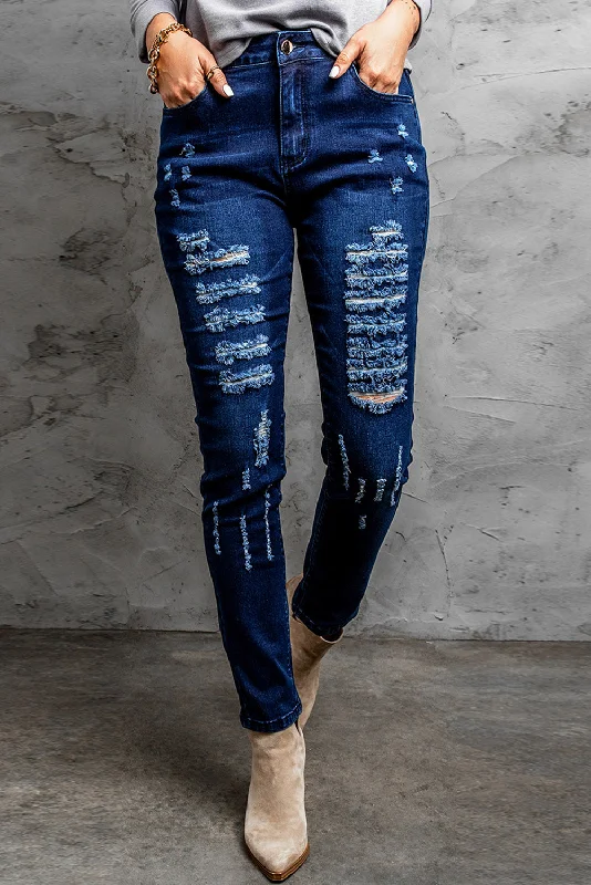 Soft Comfort Wear Mid Rise Holes Skinny Jeans
