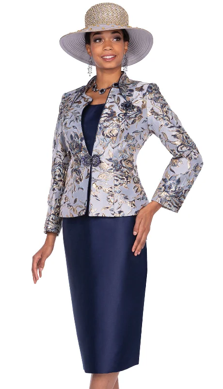 Classic Comfort Champagne Italy Church Suit 5915-Silver/Navy