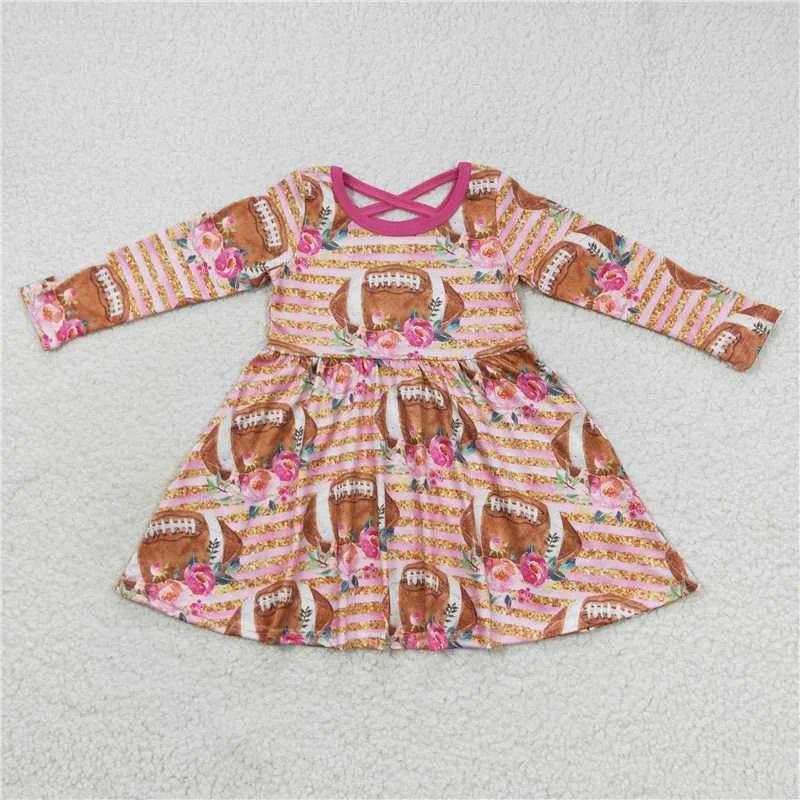 Relaxed Tops GLD0326  Baby Girls Pink Football Flowers Long Sleeve Dresses