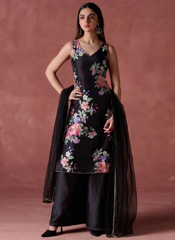 Comfortable Sweaters Black Multicolor Floral Printed Palazzo Suit