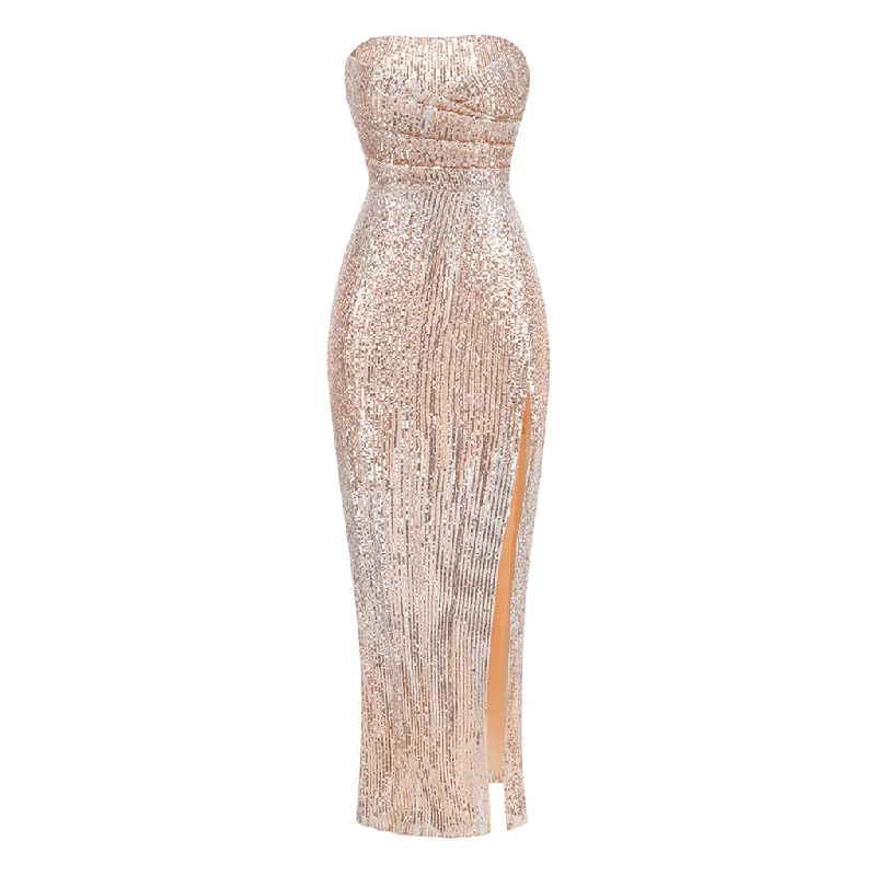Classic Comfort Sparkly Sequin Strapless Ruched Bodycon High Split Maxi Evening Dress