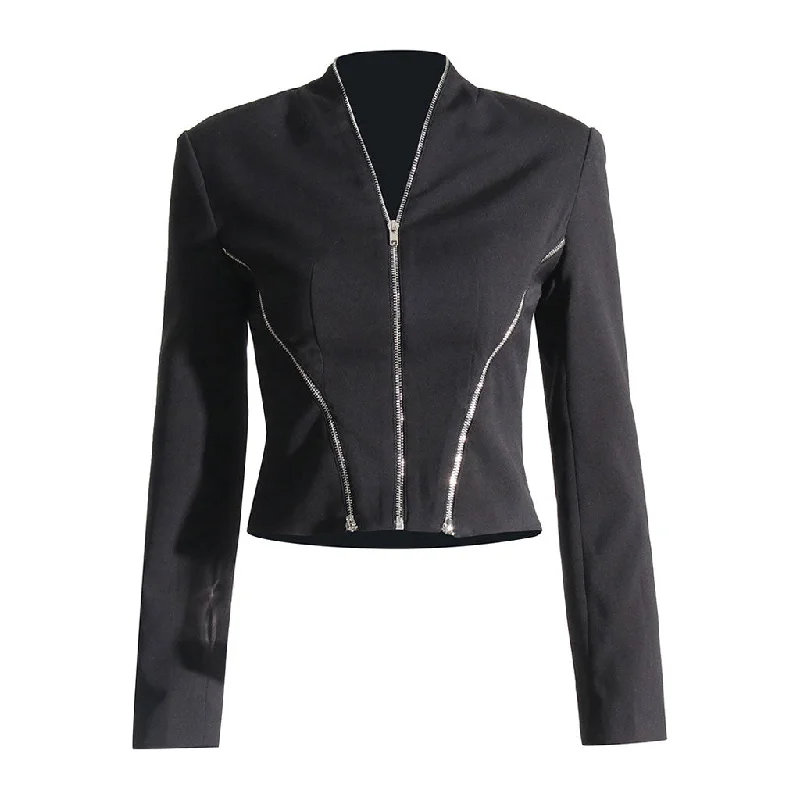 Comfortable Fashion Looks Unique Metallic Zip Up Collarless V Neck Padded Long Sleeve Crop Jacket