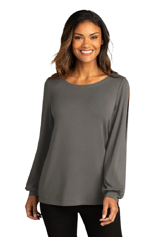 Elegant Casuals Port Authority Womens Luxe Knit Long Sleeve Wide Neck T-Shirt - Sterling Grey - Closeout