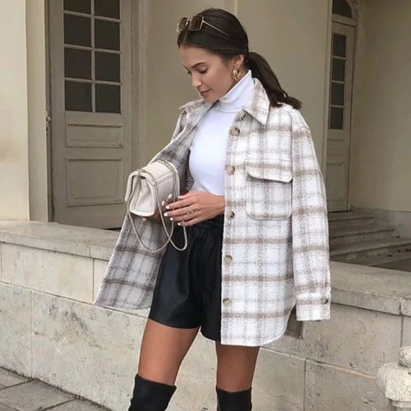Everyday Chic Single-Breasted Gingham Pocket Front Tweed Shirt Jacket - Khaki