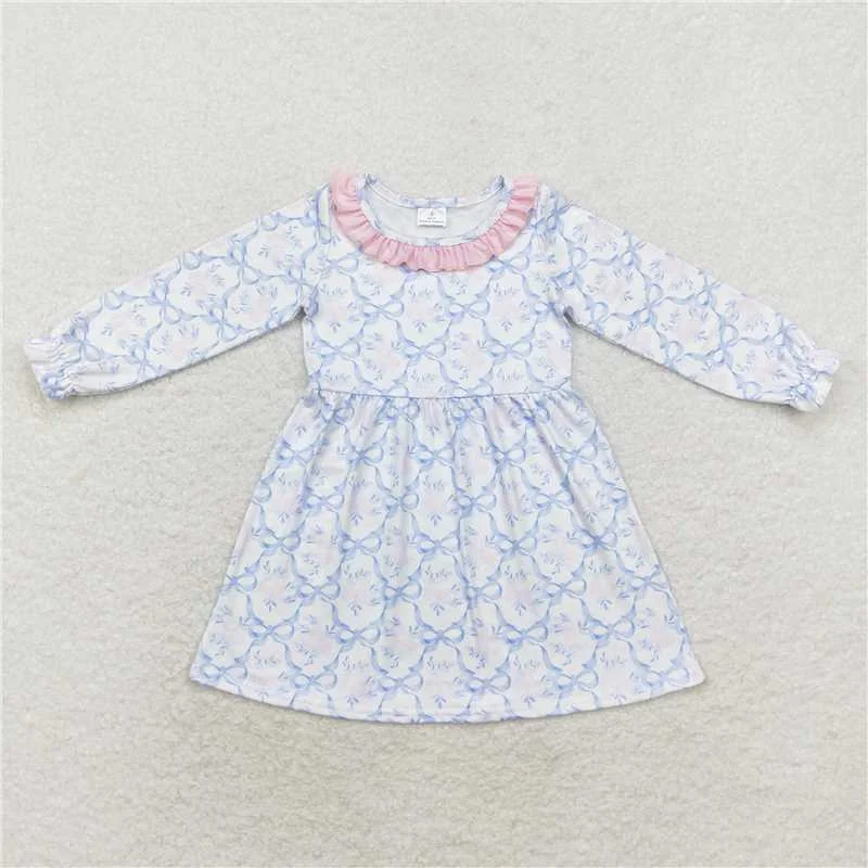 Cozy Chic Trends GLD0693  Baby Girls Blue Bows Flowers Fall Knee Length Dresses