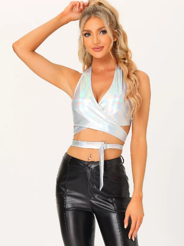 Versatile Casuals Metallic Halter Neck Deep V Neck Backless Holographic Crop Top