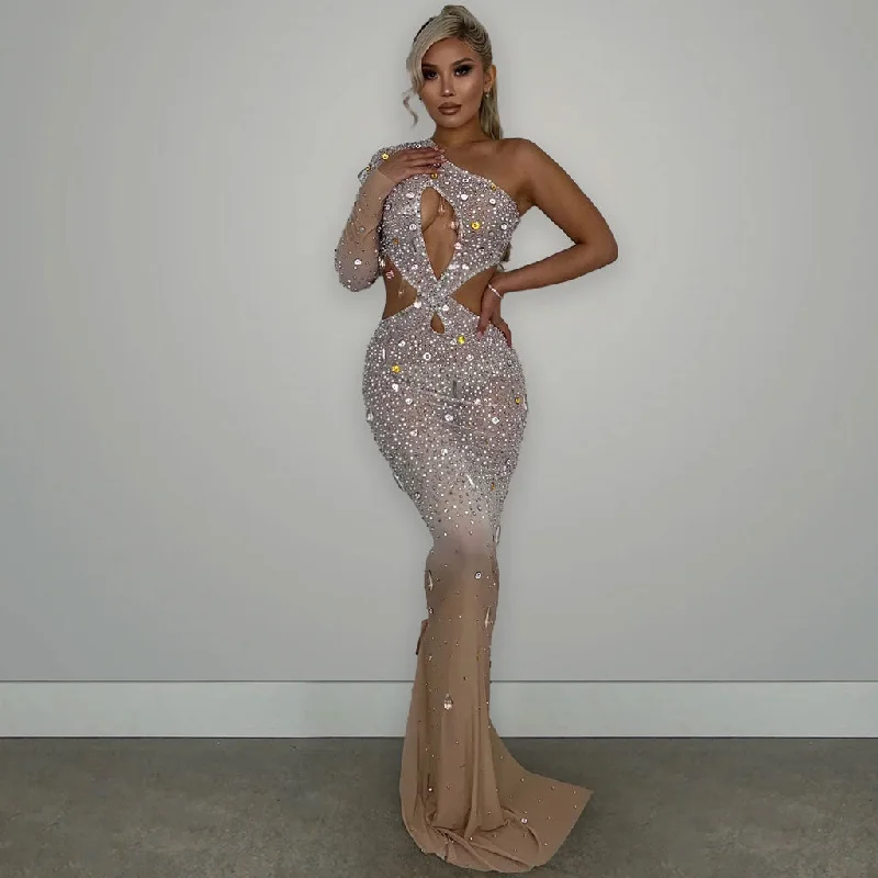All-Day Outfits Sparkly One Shoulder Cut Out Pendant Diamante Ombre Mesh Maxi Evening Gown