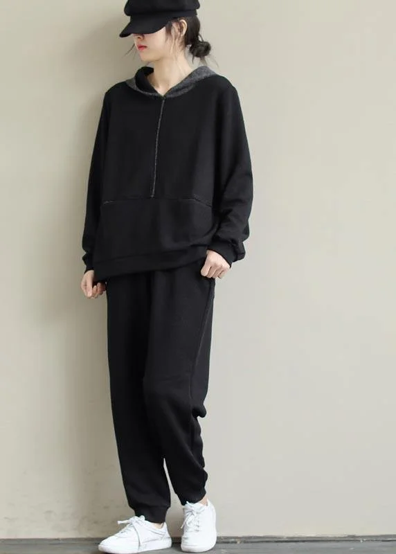 Relaxed Chic Loose Black Color Matching Hoodie and Elastic Pants Casual Suit